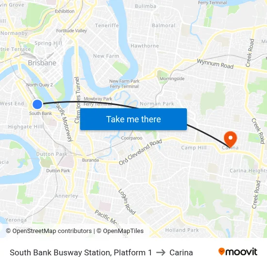 South Bank Busway Station, Platform 1 to Carina map