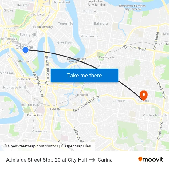 Adelaide Street Stop 20 at City Hall to Carina map