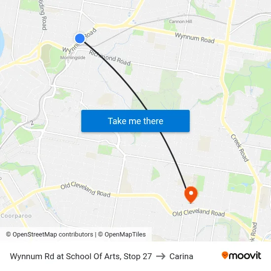 Wynnum Rd at School Of Arts, Stop 27 to Carina map
