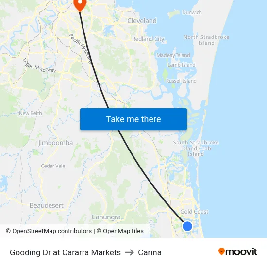 Gooding Dr at Cararra Markets to Carina map
