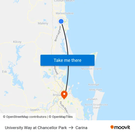 University Way at Chancellor Park to Carina map