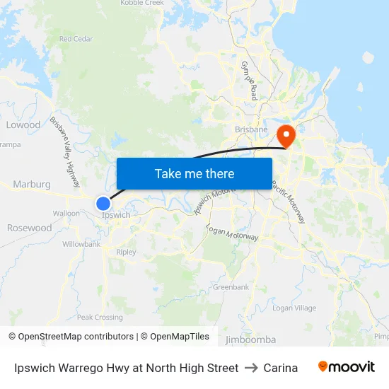 Ipswich Warrego Hwy at North High Street to Carina map