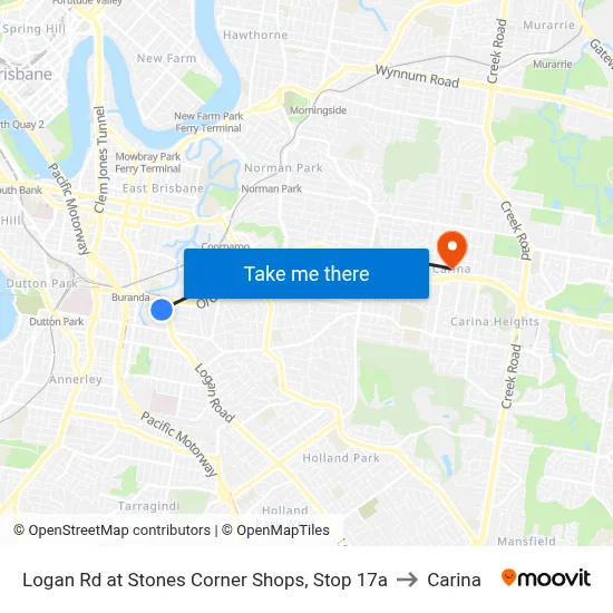 Logan Rd at Stones Corner Shops, Stop 17a to Carina map