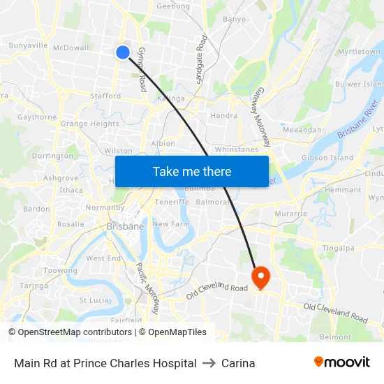 Main Rd at Prince Charles Hospital to Carina map