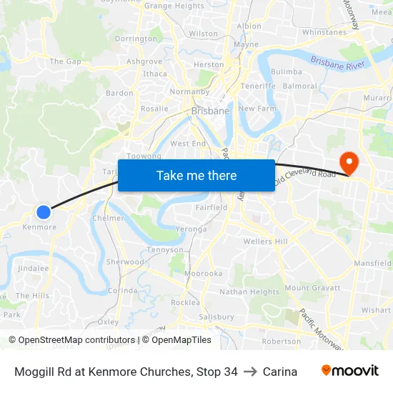 Moggill Rd at Kenmore Churches, Stop 34 to Carina map