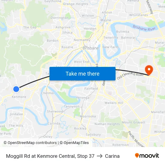 Moggill Rd at Kenmore Central, Stop 37 to Carina map