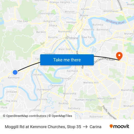 Moggill Rd at Kenmore Churches, Stop 35 to Carina map