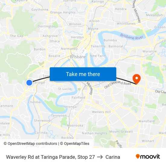 Waverley Rd at Taringa Parade, Stop 27 to Carina map