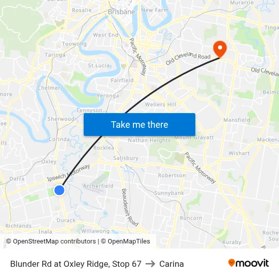 Blunder Rd at Oxley Ridge, Stop 67 to Carina map