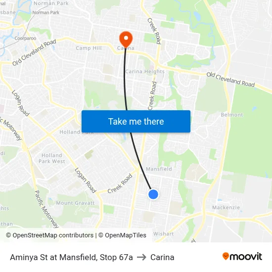 Aminya St at Mansfield, Stop 67a to Carina map