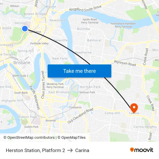 Herston Station, Platform 2 to Carina map