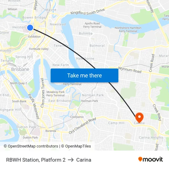 RBWH Station, Platform 2 to Carina map