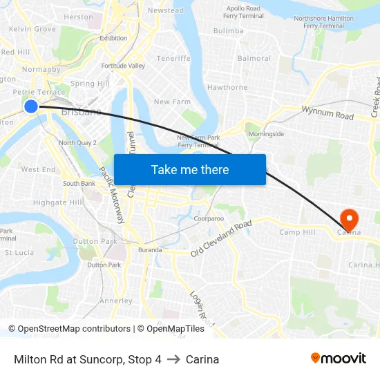 Milton Rd at Suncorp, Stop 4 to Carina map