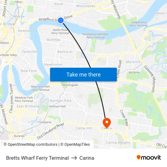 Bretts Wharf Ferry Terminal to Carina map