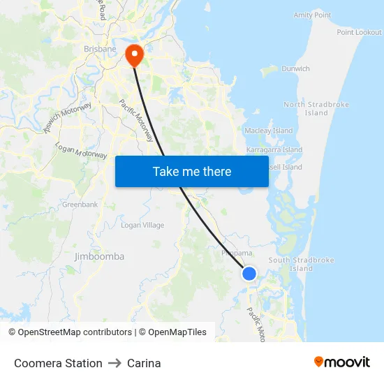 Coomera Station to Carina map