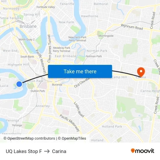 UQ Lakes Stop F to Carina map