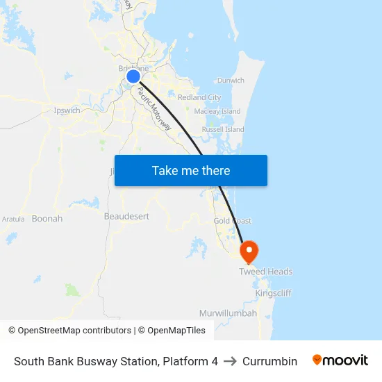 South Bank Busway Station, Platform 4 to Currumbin map