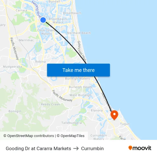 Gooding Dr at Cararra Markets to Currumbin map
