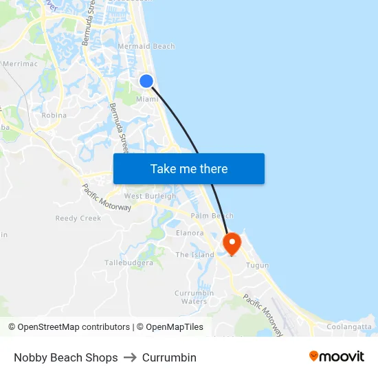 Nobby Beach Shops to Currumbin map