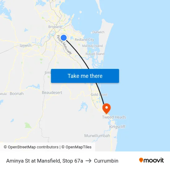 Aminya St at Mansfield, Stop 67a to Currumbin map