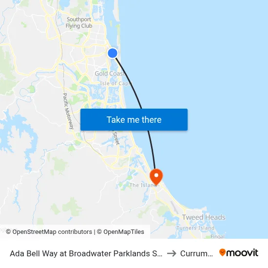 Ada Bell Way at Broadwater Parklands Station to Currumbin map