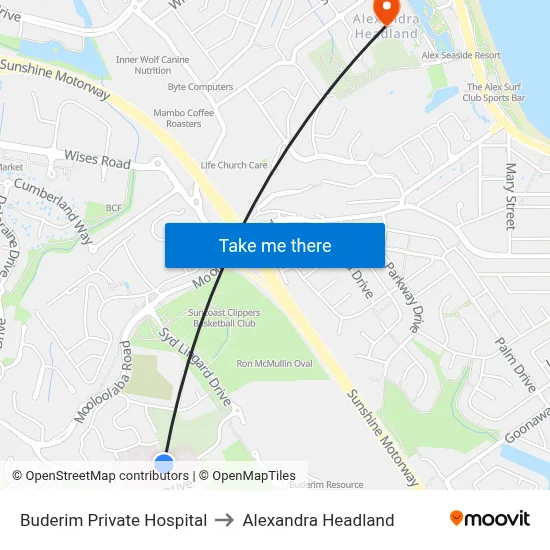 Buderim Private Hospital to Alexandra Headland map