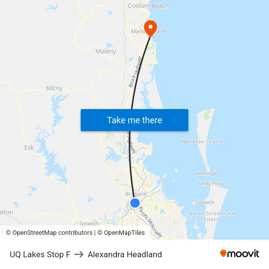 UQ Lakes Stop F to Alexandra Headland map