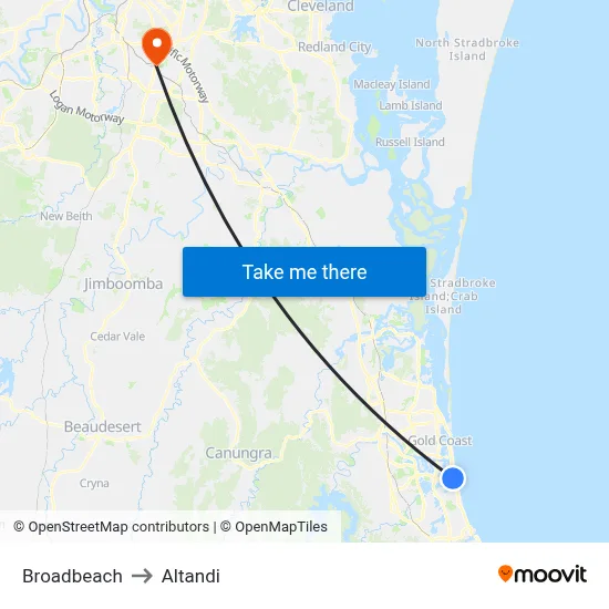 Broadbeach to Altandi map
