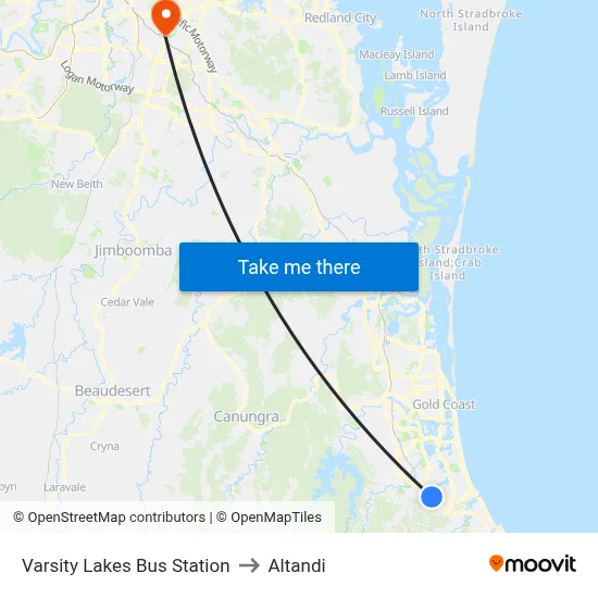 Varsity Lakes Bus Station to Altandi map