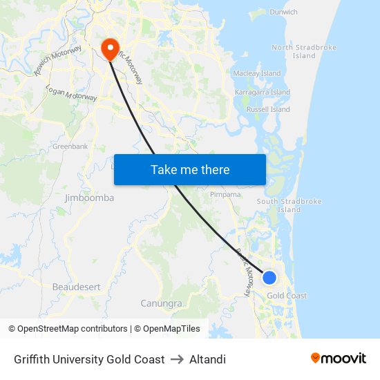 Griffith University Gold Coast to Altandi map