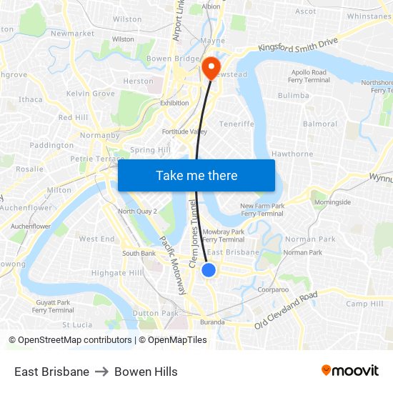 East Brisbane to Bowen Hills map