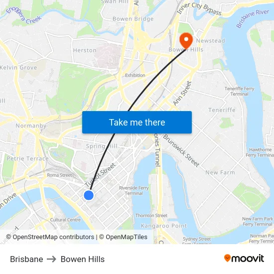 Brisbane to Bowen Hills map