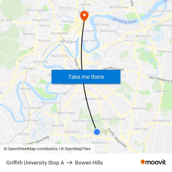 Griffith University Stop A to Bowen Hills map