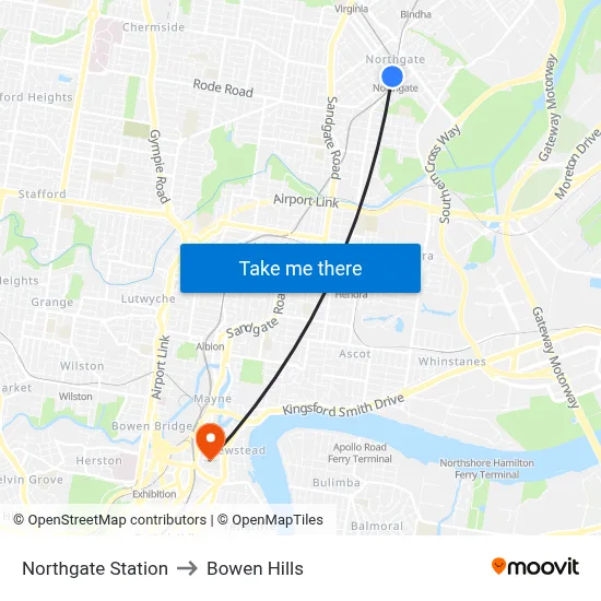Northgate Station to Bowen Hills map