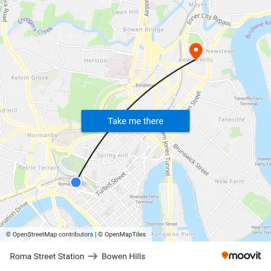 Roma Street Station to Bowen Hills map