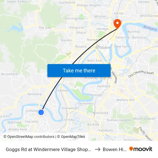 Goggs Rd at Windermere Village Shopping to Bowen Hills map