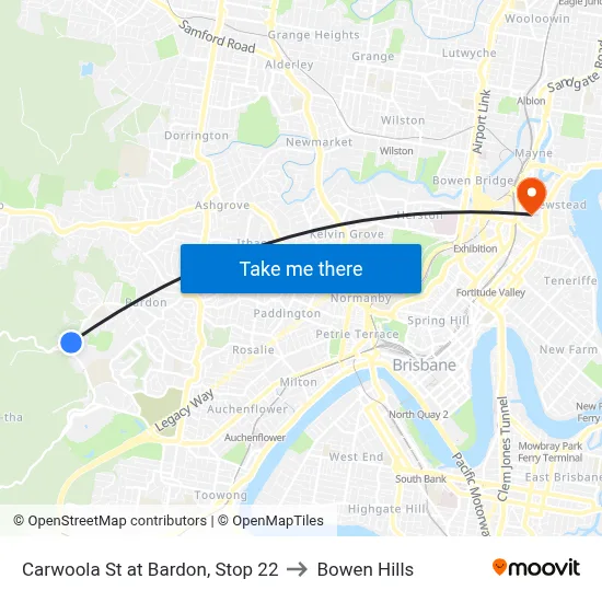 Carwoola St at Bardon, Stop 22 to Bowen Hills map