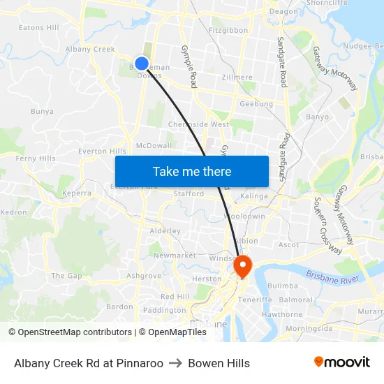 Albany Creek Rd at Pinnaroo to Bowen Hills map