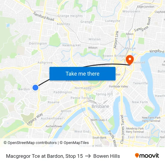 Macgregor Tce at Bardon, Stop 15 to Bowen Hills map