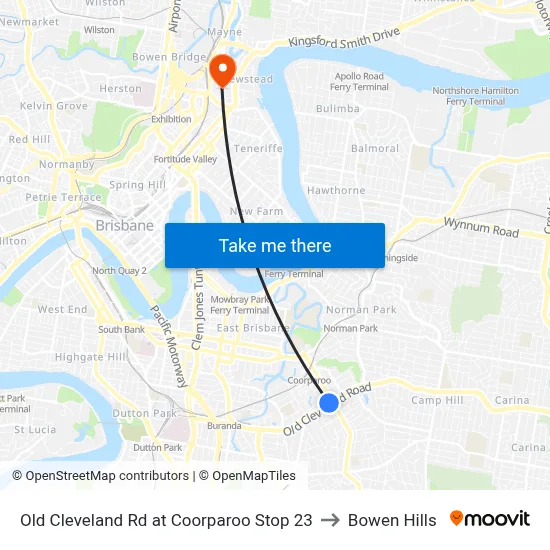 Old Cleveland Rd at Coorparoo Stop 23 to Bowen Hills map