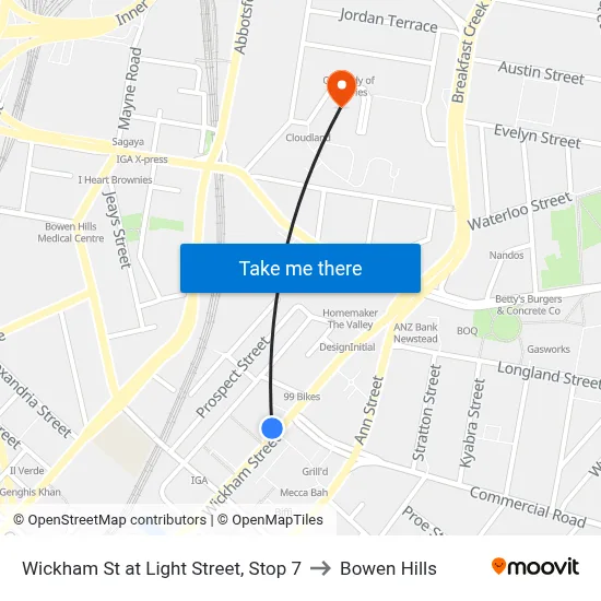 Wickham St at Light Street, Stop 7 to Bowen Hills map