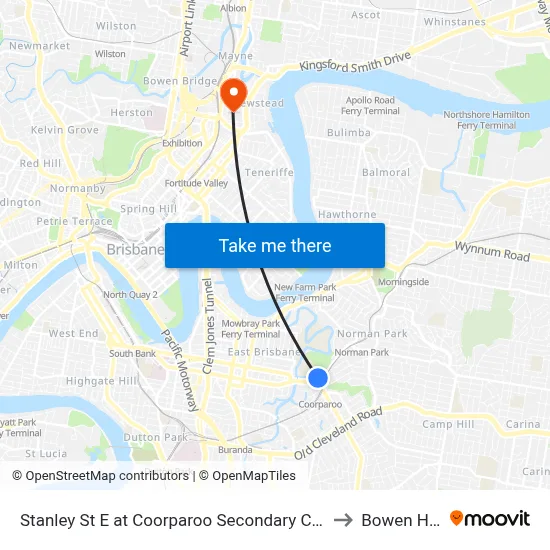 Stanley St E at Coorparoo Secondary College to Bowen Hills map