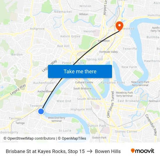 Brisbane St at Kayes Rocks, Stop 15 to Bowen Hills map