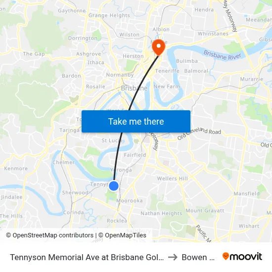 Tennyson Memorial Ave at Brisbane Golf, Stop 36 to Bowen Hills map