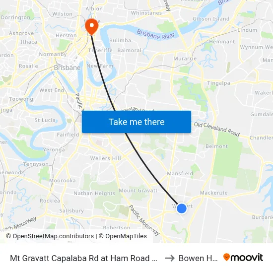Mt Gravatt Capalaba Rd at Ham Road South to Bowen Hills map