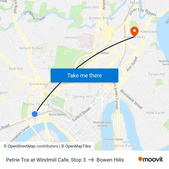 Petrie Tce at Windmill Cafe, Stop 3 to Bowen Hills map