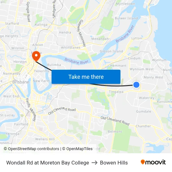 Wondall Rd at Moreton Bay College to Bowen Hills map