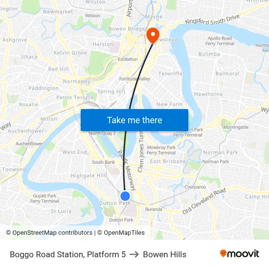 Boggo Road Station, Platform 5 to Bowen Hills map