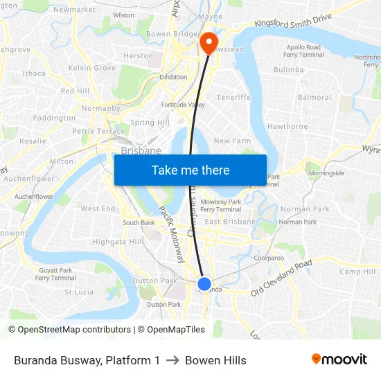 Buranda Busway, Platform 1 to Bowen Hills map