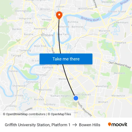 Griffith University Station, Platform 1 to Bowen Hills map
